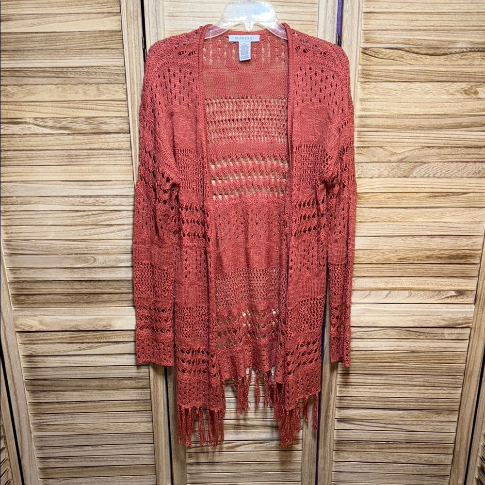 99 Jane Street Women's Open Knit Fringe Sweater - Rust Size XL